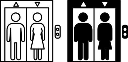 Elevator icons. Black and White Icons. Man and Woman in an Elevator. Up and Down Arrows. Hotel and Building Concept vector