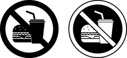 Signs No Food and Drinks Allowed. Black and White Icons. Prohibitory Round Sign. Hamburger and Drink with Straw. Do Not Take Food Products. Fast Food Prohibited vector
