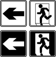 Emergency Exit Signs Pointing Left. Black and white icons. Warning sign. Man running to the door. Emergency evacuation symbol vector