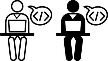Programmer icons. Black and White Icons of a Man Working on a Laptop. Programming and Coding Concept vector