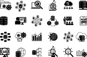 Black Set of Data Analytics Icons. Icons of Monitoring, Network, Server, Database, Cybersecurity, Data Management, Hosting, API, and Other vector