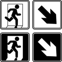 Emergency Exit Signs Pointing Down. Black and white icons. Warning sign. Man running to the door. Emergency evacuation symbol vector