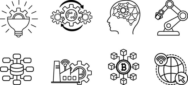 Digital Revolution Icons Set. Icons of Innovation, Automation, Artificial Intelligence, Robotic, Big Data, Industry 4.0, Blockchain and Internet vector