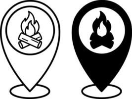 Location Icons. Black and White Icons. Map Pointer and Bonfire. Tourist Sign. Camping and Travel Concept vector