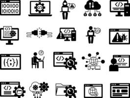 Black Set of Programming and Coding Icons. Icons of Testing, Program, Developer, Malware, Hack, Software, WEB, API, and Other vector