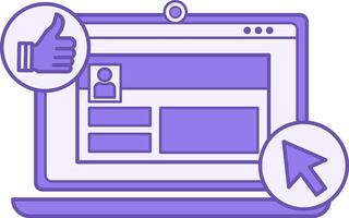 Colored Social Media Icon. Maintaining Pages on Social Networks. Open Laptop. Internet, Blogging, Marketing, Content Sharing, Social Media Activity vector