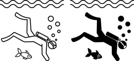 Scuba Diving Icons. Black and White Icons. Scuba Diver Exploring Marine Environment. Floating Sea Fish. Snorkeling. Adventure and Travel Concept vector