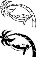 Relax icons. Black and White Icons. Man Relaxing in Beach Hammock on Palm Tree. Summer and Travel Concept vector