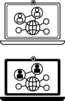 Online Networking Icons. Black and White Icons of Laptop and Internet Connection People. Technology and Social Networks Concept vector