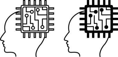 Cybernetics icons. Black and White Icons of Human Head and Central Processor. Artificial intelligence. Concept of Technology and Innovation vector