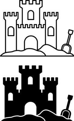 Sand Castle Icons. Black and White Icons. A building made of Sand and a Children's Shovel. Fun Games on the Beach. Summer and Vacation Concept