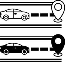 Icons Journey. Black and White Icons. Car Drives Along Road to Specific Geolocation Point. Adventure and Travel Concept vector