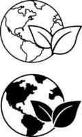 Environment Icons. Black and White Icons of Planet and Leaves. Concept of Green Earth, Ecology and Environmental Protection vector