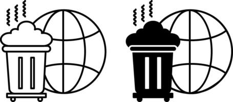 Pollution icons. Black and White Icons. Planet and Big Trash Can with Garbage. Ecology and Environmental Protection Concept vector