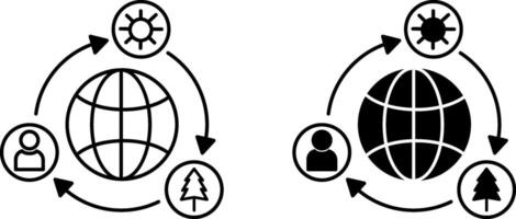 Ecosystem icons. Black and White Icons. Planet and Interaction of Man, Sun, and Nature. Environment Protection Concept vector