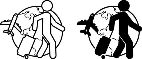 Traveling icons. Black and White Icons. Tourist with Suitcase, Globe, and Flying Airplane vector