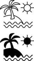 Beach Icons. Black and White Icons. Tropical Island with Palm Tree, Sun, and Ocean Waves. Travel and Vacation Concept vector
