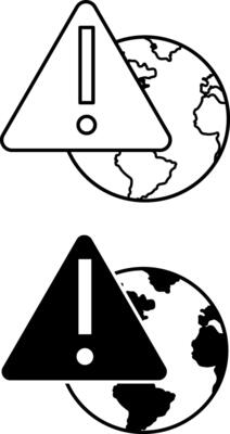 Warning Icons. Black and White Icons of Planet Earth and Danger Sign. Global Warming. Ecological Problem. Climate Change Concept
