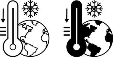 Temperature Decrease Icons. Black and White Icons. Snowflake, Planet Earth, and Thermometer with Down Arrow. Cold Season. Climate Change Concept vector