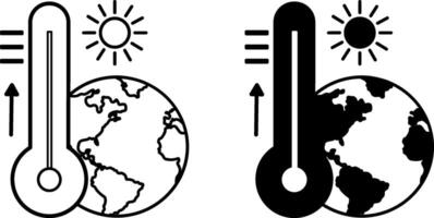 Icons Temperature Increase. Black And White Icons. Sun, Planet Earth, And Thermometer With High Temperature. Global Warming. Ecological Problem. Climate Change Concept vector