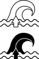 Tsunami Icons. Black and White Icons. Up Arrow Showing High Wave. Danger Sign. Environmental Problem. Climate Change Concept vector