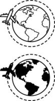 Travel icons. Black and White Icons. Concept of the Globe and a Flying Airplane Around It vector