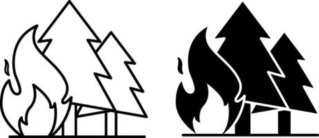 Wildfire Icons. Black and White Icons. Bonfire and Trees. Danger to Nature. Ecological Problem. Climate Change Concept vector
