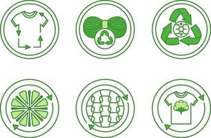 Green Icons of Recycled Textile Fibers. Labels, Tags for Packaging. Recycled Textiles, Wool, Polyester, Microfiber, Nylon and Cotton. Fabric Concept vector