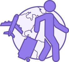 Colored Traveling Icon. Icon of Tourist with Suitcase, Globe, and Flying Airplane vector