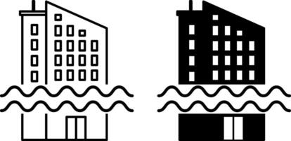 Sea Level Rise Icons. Black and White Icons Flood. Multi-Storey Building Goes Under Water. Ecological Problem. Climate Change Concept vector