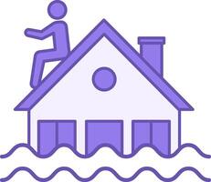 Flooding Color Icon. Man Escaping from Flood on the Roof of His House. Environmental Issue. Climate Change Concept vector