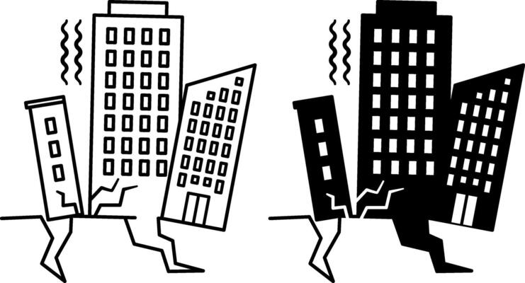 Earthquake Icons. Black and Whit Icons. Destroyed Multi-Storey Buildings. Natural Disaster, Ecological Problem. Climate Change Concept