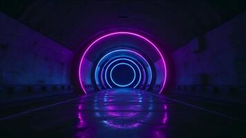 A mesmerizing tunnel illuminated by vibrant neon lights in shades of purple, blue, and pink, creating a futuristic and abstract scene video