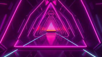 Journey through a mesmerizing tunnel of geometric shapes, illuminated by neon lights and leading towards a distant sunset in a cyberpunk landscape. video