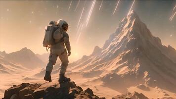 Astronaut erkunden ein majestätisch Außerirdischer Berg Landschaft, Erfassen das Wesen von futuristisch Raum reisen, interplanetar Entdeckung, und das Scheu von außerirdisch Abenteuer im äußere Raum. video