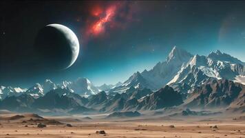 A planet with towering snow-capped mountains under a cosmic sky, illuminated by a crescent moon and a radiant nebula. video