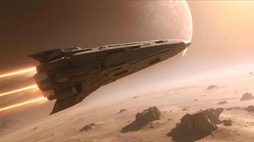 A sleek spaceship traverses a vast desert planet, venturing into the depths of space. video