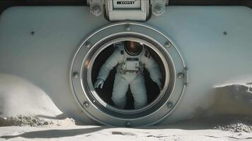 futuristisch Astronaut Ausgänge ein gelandet Raumfahrzeug auf ein außerirdisch Planet, einschiffen auf ein Neu Epoche von Raum Erkundung inmitten das Unbekannte von ein entfernt Welt und Außerirdischer Terrain video