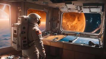 Astronaut Blicke beim Mars' Oberfläche von ein Raumschiff Fenster, einschiffen auf ein Mission zu erkunden das rot Planeten Geheimnisse und Potenzial zum Mensch Kolonisation. video