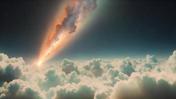 A massive asteroid enters the Earth's atmosphere, creating a fiery explosion and a shock wave that spells disaster for the planet below video
