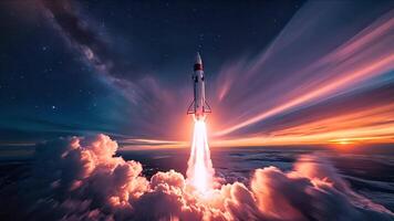 uma poderoso foguete inflama a céu Como isto lançamentos para dentro espaço, deixando uma fogosa trilha contra uma pano de fundo do vibrante nuvens e uma tirar o fôlego pôr do sol, exibindo a excitação do espaço exploração. video