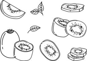 Kiwi hand drawn style set. Food eco template for menu, kiwi jam and juice label, tea banner, textile vector
