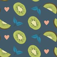 Kiwi fruit and plants seamless pattern. Kiwi in cartoon style repeated backdrop. Whole fruit and cut half. Food template for background, textile, wrapping paper, wallpaper. illustration vector