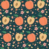 Peach fruit seamless pattern. Peach in cartoon style repeated backdrop. Whole fruit and cut half. Food template for background, textile, wrapping paper, wallpaper vector