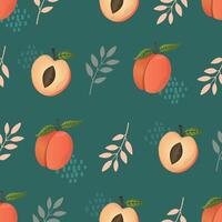 Peach fruit and plants seamless pattern. Peach in cartoon style repeated backdrop. Whole fruit and cut half. Food template for background, textile, wrapping paper, wallpaper. illustration vector