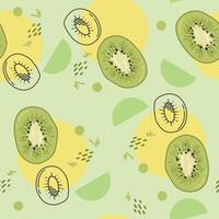 Kiwi fruit seamless pattern. Kiwi in cartoon and hand drawn style repeated backdrop. Whole fruit and cut half. Food template for background, textile, wrapping paper, wallpaper vector