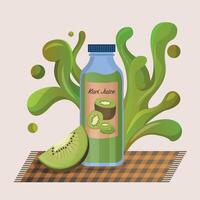 Fresh kiwi juice in a glass bottle concept. Kiwi drops on juice splash and ripple vector