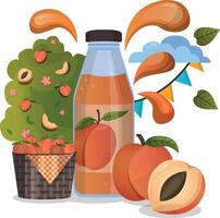 Fresh peach juice in glass bottle concept. Peach drop on juice splash and ripple vector