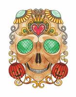 Skull mix gems jewelry and pumpkin day of the dead design by hand drawing on paper and make graphic . vector