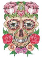 Flowers fancy art surreal skull day of the dead design by hand drawing on paper and make graphic . vector